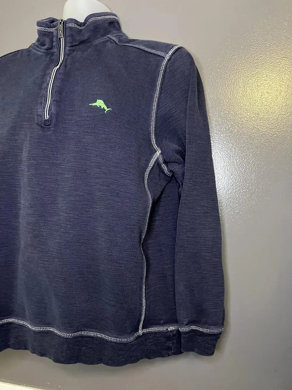 Tommy Bahama Sweatshirt Mens Large Blue 1/4 Zip Knit Pullover Mock Neck Logo